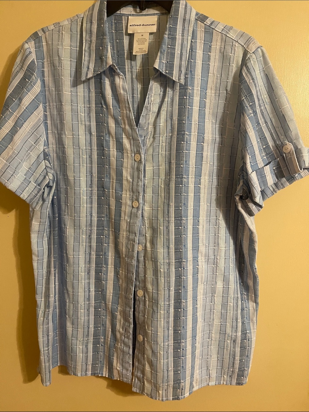 Alfred Dunner Light Blue and White Striped Short-Sleeve Button-Up Shirt